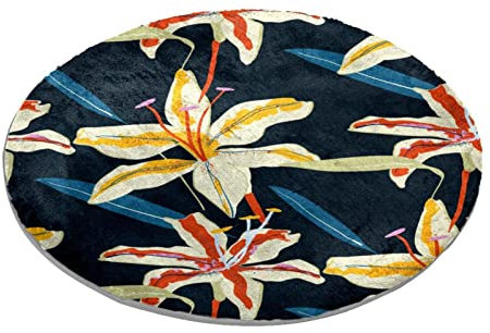 Runder Teppich für Schlafzimmer Wohnzimmer Arbeitszimmer Spielen Tiger Lilie Blumenmuster Schwarz