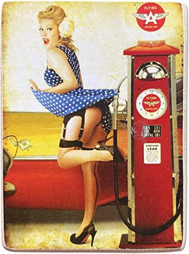 KUSTOM ART Magnet (Magnet) Serie Pin Up an Tankstelle Tankstelle Pumpe Vintage-Stil für Kühlschrank / Garage / Bar Druck auf Holz 10 x 6 cm