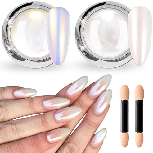BISHENGYF White Chrome Nail Powder, Clear Ice Shimmer Chrome Pigment Powder for Nails, Glazed Donut Pearl Chrome Nail Powder to Achieve Mirror Effect Nails, Nail Art Powder for DIY Salon 2 Boxes