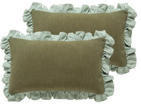 patdrea Dekorative Dekokissenbezüge im Shabby-Chic-Stil, Bauernhaus-Leinen-Kissenbezüge mit Rüschen, rechteckig, stabil, für Couch, Sofa, Bett, Wohnzimmer, 30,5 x 50,8 cm, 2 Stück