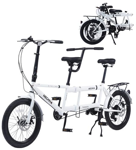 BIXUYOU Klappbares Tandemfahrrad, 20-Zoll-City-Tandem-Faltrad, verstellbares Tandem-Beach-Cruiser-Fahrrad, Faltrad mit 3 Sitzen für Erwachsene, 7 Geschwindigkeiten (Weiß)