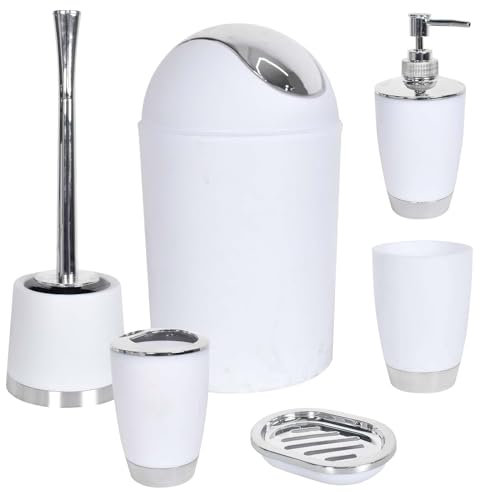Lot de 6 Accessoires de Salle de Bain, Poubelle, Brosse WC, Distributeur de Savon, Porte Brosse à Dents, Porte Savon, Tasse à Dents, Design Modern Ensemble d'accessoires de Salle de Bain, Blanc