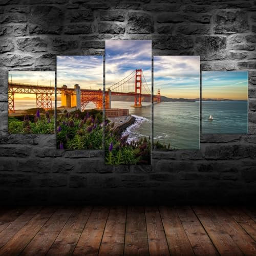 Bilder Abstrakt 5 Teilig Wandbild XXL Sonnenuntergang Golden Gate Bridge San Francisco Leinwand Bild Wandbilder Wohnzimmer Wohnung Kunstdrucke Modern Wandbilder Design Poster Wanddekoration 200x100cm