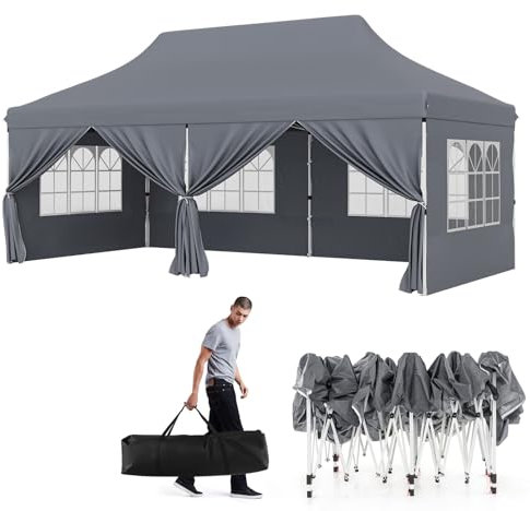 GOPLUS Tonnelle Pliante 3x6m Imperméable, Tonnelle Barnum Pliante 3x6 de Jardin Exterieur, Sac de Transport, Sac Lesté, Pavillon de Jardin Pop-Up pour Fête, Mariage (Pliable,Gris-Bâche)