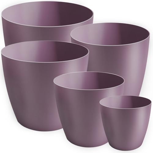 PECZEKO Blumentopf matt, 5er-Set blumenkübel, 12/14/16/18/20 cm Pflanzkübel aus Übertopf Kunststoff Topf für, groß und klein Pflanzen, 5er-Set blumenkübel kräutertopf, Violett