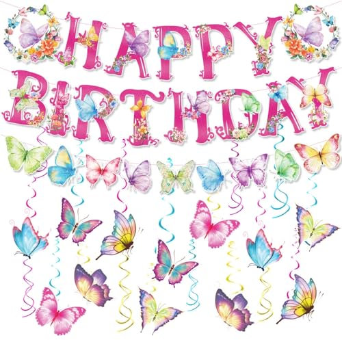 Schmetterling Deko Geburtstag 15 Stück,Happy Birthday Banner Rosa Mit Schmetterling Hängende Wirbel Deko,Frühling Blumen Schmetterling Girlande Geburtstagsbanner Für Mädchen Frauen Kinder Prinzessin