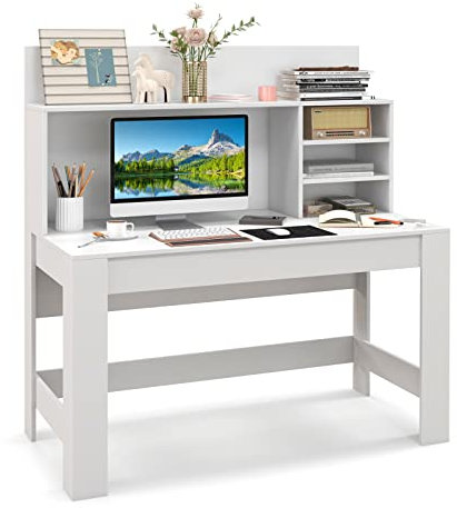 COSTWAY Bureau d'Ordinateur avec Bibliothèque, Table de Travail avec Étagères de Rangement et Passe-câbles, Bureau Moderne, Bureau Informatique pour Bureau, Chambre, Studio, 54 x 120 x 129 cm, Blanc