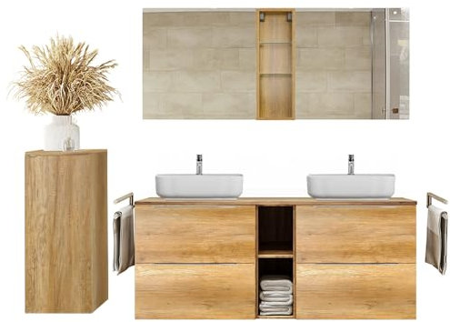 Lomadox Badezimmer Badmöbel Set 3-teilig mit 140cm Waschtisch, Eiche