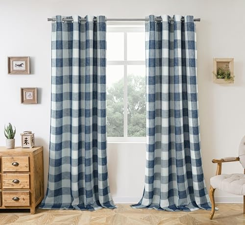 DriftAway Buffalo Plaid Karierte Vorhänge, gewebt, Karomuster, gefüttert, Verdunkelung, wärmeisoliert, Fenstervorhang, Ösen, 2 Schichten, 2 Paneele, 132 x 228 cm, Marineblau