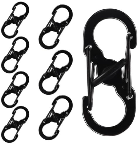 8Pcs S Carabiner Keyring Clip, Stainless Steel Dual Opening Keychain Clip, Black S Ring Locking Carabiner Buckle, Multifunction Metal Double Clip Hook for Home, Hiking, Outdoor, Camping, Fishing