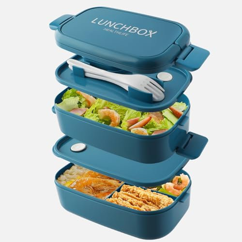 HENSHOW Bento Lunch Box, 1500ml Boîtes Bento Adulte 2 Couche Boîte Repas Compartiment Lunchbox Micro Ondes avec Couverts et Boîte à Sauce, Sans BPA Anti Fuite Bento Box pour Travail, Bleu