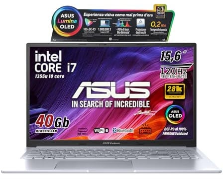 ASUS Notebok Vivobook OLED 15.6 pantone valitated, Intel I7 13620H, Ram 40Gb, SSDPci Nvme da 512Gb, Windows 11, wi-fi 6, webcam, Usb3.2, Hdmi, Bt5.3, Tastiera retroilluminata, Preconfigurato