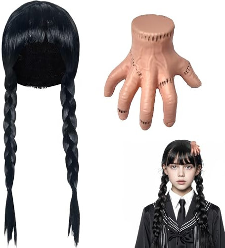 Addams Perücke für Damen,Perücken Schwarze für Wednesday,Addams Perücke Lange Zöpfe,Synthetische Perücken für Cosplay Wednesday für Halloween Karneval Kostüm,SET mit Hand und Haarnadel