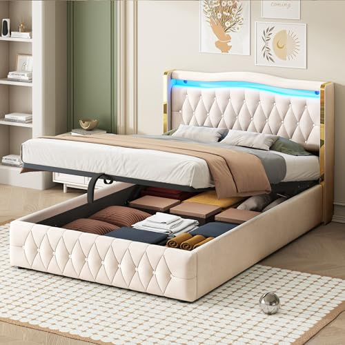 Ymkua Polsterbett Doppelbett 140x200 cm, Jugendbett Stauraumbett mit Stauraum und LED-Beleuchtung, Hydraulisch Bett Bettgestell mit Kopfteil, Funktionsbett mit Lattenrost, Samt, Beige, Ohne Matratze