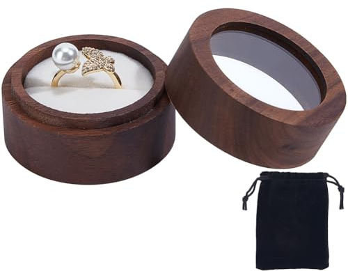 Beebeecart Runde Ringschachtel Aus Holz Mit Transparentem Deckel Weiß Mit Rechteckigem Samtbeutel Ringschachtel Aus Holz Mit 1 Schlitz Für Hochzeit Verlobung Zeremonie Antrag