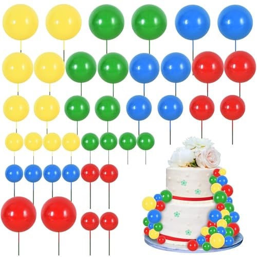 RIBBOOO 40 Pcs Ball Cake Toppers Insert Balls Cake Decorations Foam Balls Cake Toppers DIY Cake Ornament for Birthday Baking Baby Shower Anniversary and Wedding Party (Red Blue Yellow Green)