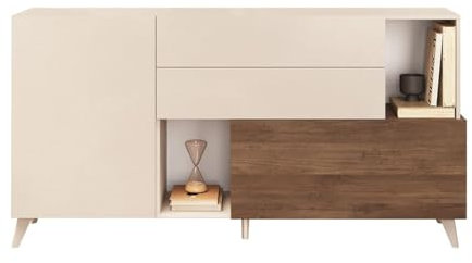 AltoBuy Carlo - Meuble TV 2 Portes 1 Tiroir Laqué Beige et Aspect Bois Finition Mercure