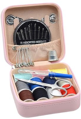 Incauca Reise-Nähset für Erwachsene Anfänger, tragbares Mini-Nähset, Lederbox mit Fingerhut, Nadel und Faden, Basic Hand Home Starter Nähzubehör für Notfallreparatur, Rosa