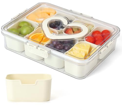 Divided Serving Tray with Lid and Handle - Plastic Snackle Box Charcuterie Container for Portable Snack Platters - Clear 8 Removable Compartment Box Organizer for Candy, Fruits, Snacks, Nuts