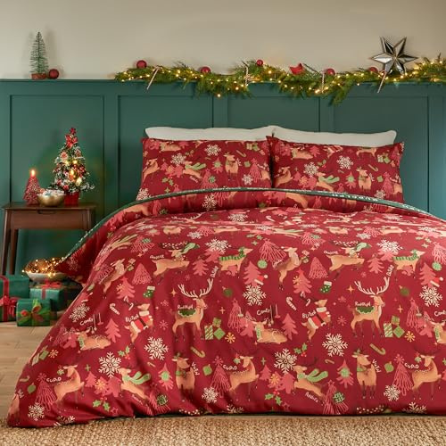 furn. Duvet Day Sleigh Team Bettwäsche Set (Rot - Einzelbett) | Weich Im Griff Wendbar Festlich Saisonal Feiertag Weihnachten Rentier Pflegeleichte Bettwäsche