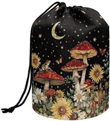 Wnbucioht Mushroom Drawstring Makeup Bags for Women Cute Toiletry Travel Bag Stand up Drawstring Wash Bag Large Capacity Toiletry Bucket Bags Mushroom Print Cosmetic Bags Open Flat Toiletry Bag