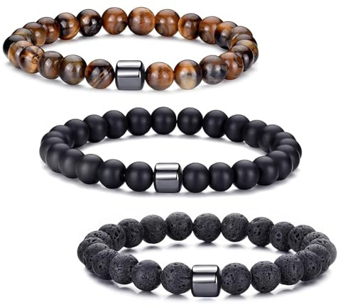 Snyvpra 3 Stück, Armband Herren, 8MM elastische Herren herren armband, Set mit Tigerauge, Mattiertem und Lavastein Armband, Natürliche Muster, Elastische Passform, Ideal für Outdoor und Freiz