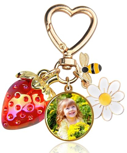 Personnalisé Porte-Clés Fraise Photos Personnalisables Kawaii Fraise Porte Clef Porte Monnaie Sac à dos Décorer Adeaux Pour Femmes Copines (Rond)