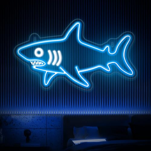 Lnopever Hai Neon Licht,Dimmbare LED Hai Tier Neon Wand Zeichen USB Powered, Haifisch blau, Neons Led für Schlafzimmer Art Decor, Dekoration Kreativ Urlaub Geschenk,39.5 * 23.8 * 2cm
