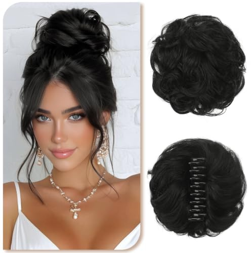 Sofeiyan Haarteil mit Klammer,Haarteile Echthaar 100% | Messy Bun Haarteil für Damen,Haarteil Dutt für Alltag Hochzeit Urlaub,Natürliches Schwarz