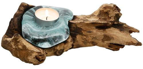 Teelichthalter Glas und Holz, Wurzelholz aus Teakholz Stamm Tisch Deko Holzschale - 1er für EIN Teelicht