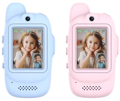 Video Walkie Talkie Kinder: 2er Set Kinder Walky Talky mit Video 3-12 Jahren Junge Mädchen - Aufladbar, Lustigen Stimmänderungs Spielzeug für Abenteuer im Freien,Camping Wandern (A - Blau + Rosa)