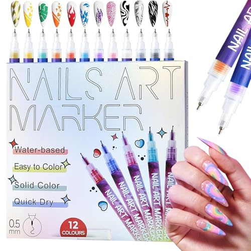 SOLUAME 12 Colors Nail Art Pens Set, 0.5mm Nail Art Markers Polish Pens for 3D Nail Art, DIY Nail Art Kit for Real Nails, Premium Quick-Drying Formula Resistant to Flaking for Women Girls