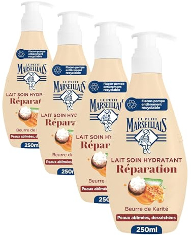 Le Petit Marseillais - Lait Soin Hydratant Réparation (Flacon-Pompe de 250 Ml) – Lait Corps pour Peaux Abîmées et Desséchées Hydratation 24H – Lait Corporel au Beurre de Karité,Aloes et Cire d'Abeille