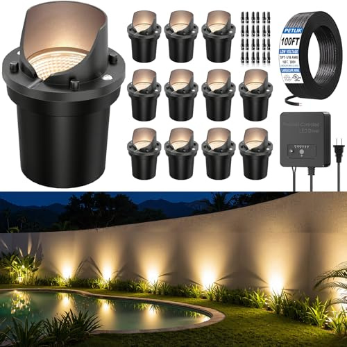 PETLIK All-in-One Low Voltage Landscape Lighting 12W LED Well Lights IP67 Outdoor In-Ground Lights Waterproof with 144W Transformer, 2700K Warm White Pathway Lighting for Yard Garden, 12 Pack