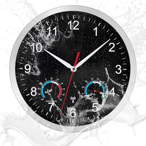 NESIFEE Outdoor Wasserdicht Wanduhr Funk Uhr mit Temperaturanzeige 30cm | Funkuhr Wand, Funkwanduhr, Modern Groß Schwarz Wanduhr, Wohnzimmeruhr, Küchenuhren, Badezimmeruhr