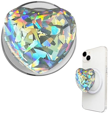 Magnetic Phone Grip with Expanding Kickstand - Cute Heart-Shape Design, Extendable Holder & Stand Compatible with Cases & Wireless Charging for Smartphones Tablets (Shiny)