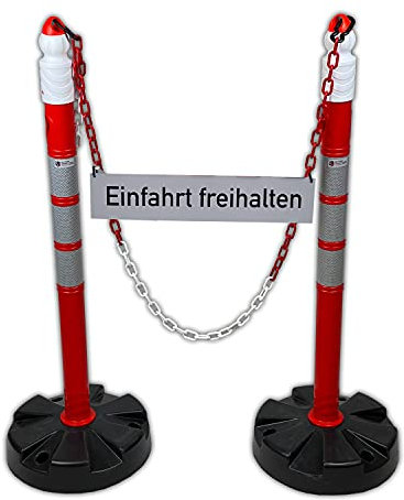 UvV® Duo 2 x Kettenpfosten Kettenständer inkl. 5 Meter Kette und Hinweisschild - Absperrpfosten, Ø63 x 1000mm, Fußplatte zum Einrasten in schwarz und 3 reflektierenden Folienstreifen