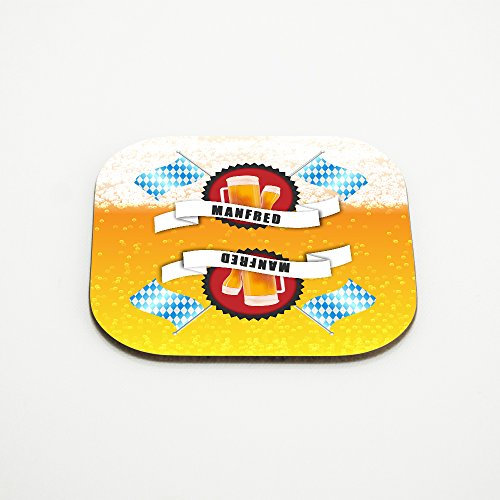 Untersetzer für Bier-Gläser mit Namen Manfred und schönem Bier-Motiv mit weiss-blauen Flaggen