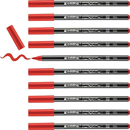 edding 4200 porcelain brush pen - red - 10 pens - brush tip 1-4 mm - felt-tip pen for painting and decorating ceramics, porcelain - dishwasher-safe, lightfast ink, quick-drying