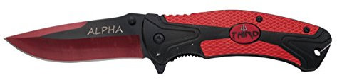 THIRD Navaja Alpha 60221R, Mango de Aluminio Bicolor Negro y Rojo con Escudo Soft Plastic. Hoja de Acero INOX de 9.5 cm Negra con Corte anodizado en Rojo. con Clip y Funda Nylon