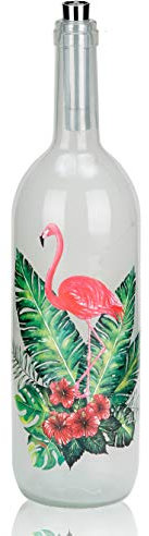 BRUBAKER Lichterflasche mit Aufdruck Flamingo mit Hibiskus 10 LED Lichter 34,7 cm Höhe Weiß