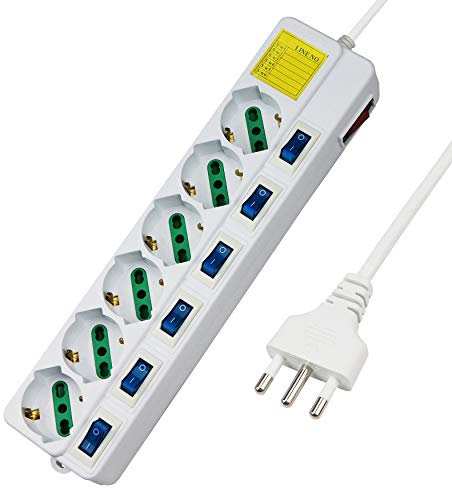 Extrastar Multipresa ciabatta elettrica 6 Posti 10/16A Bipasso Schuko 250V Max:2500W con interruttori indipendenti 1,5MT