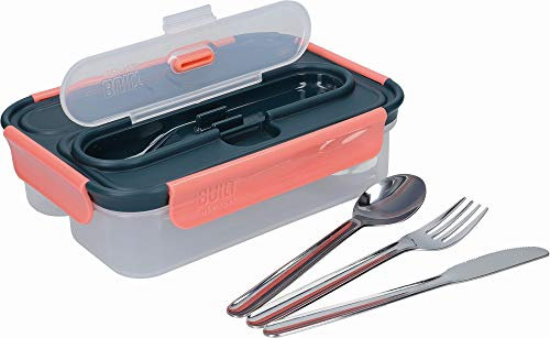 Built Bento Leakproof Lunch Box with Stainless Steel Cutlery, Plastic, Green/Pink, 23.5 x 17 x 6.5 cm