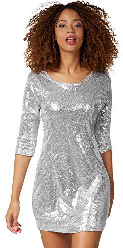 dressforfun 900892 Kurzes Damen Pailletten Glitzer Kleid, Langarm, Trägerkleid (XL | Silber)