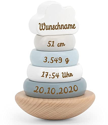 Elefantasie Stapelturm aus Holz blau personalisierbar mit Name und Datum Baby Geschenk mit Gravur
