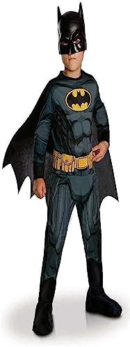 Rubies DC Offiziell – Batman – Klassisches Kostüm für Kinder – Kostüm mit bedrucktem Overall, Gürtel, Stiefelabdeckung, abnehmbarem Umhang und Maske aus PVC inklusive