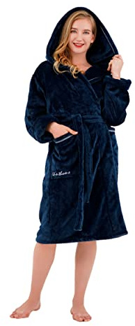 Winthome Ladies Dressing Gown,Super Soft Fluffy Bathrobe with Hood,Winter Cozy Fleece Bath Robe for Women Men Dressing Gown with Pocket(Blue M)