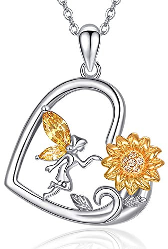 TANGPOET Elfen Fee Halskette Engel Halskette Anhänger 925 Sterling Silber Elfen Fee Sonnenblume Geschenkschmuck für Frauen Mädchen Tochter