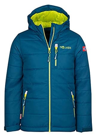 Trollkids Kinder Skijacke/Winterjacke Hemsedal, Petrolblau/Lime, Größe 98