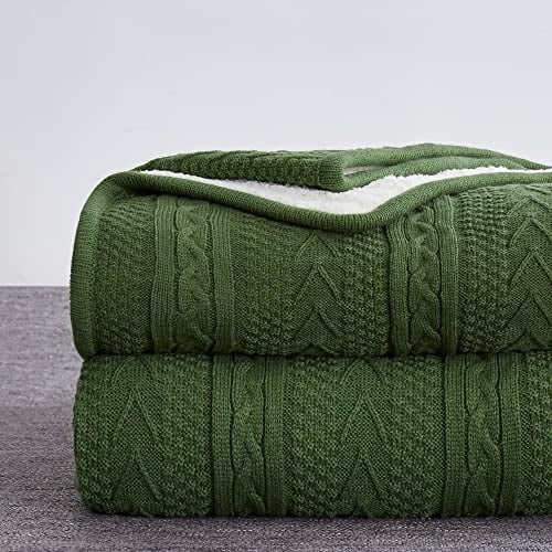 Longhui bedding Olive Green Acrylic Cable Knit Sherpa Throw Blanket - Thick, Soft, Big, Cozy Knitted Fleece Blankets for Couch, Sofa, Bed - Large 60 x 80 Inches Coverlet All Season